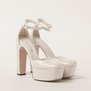 NWT Miu Miu Platform Pumps Beige Patent Leather Ankle Strap Block High Heels 40